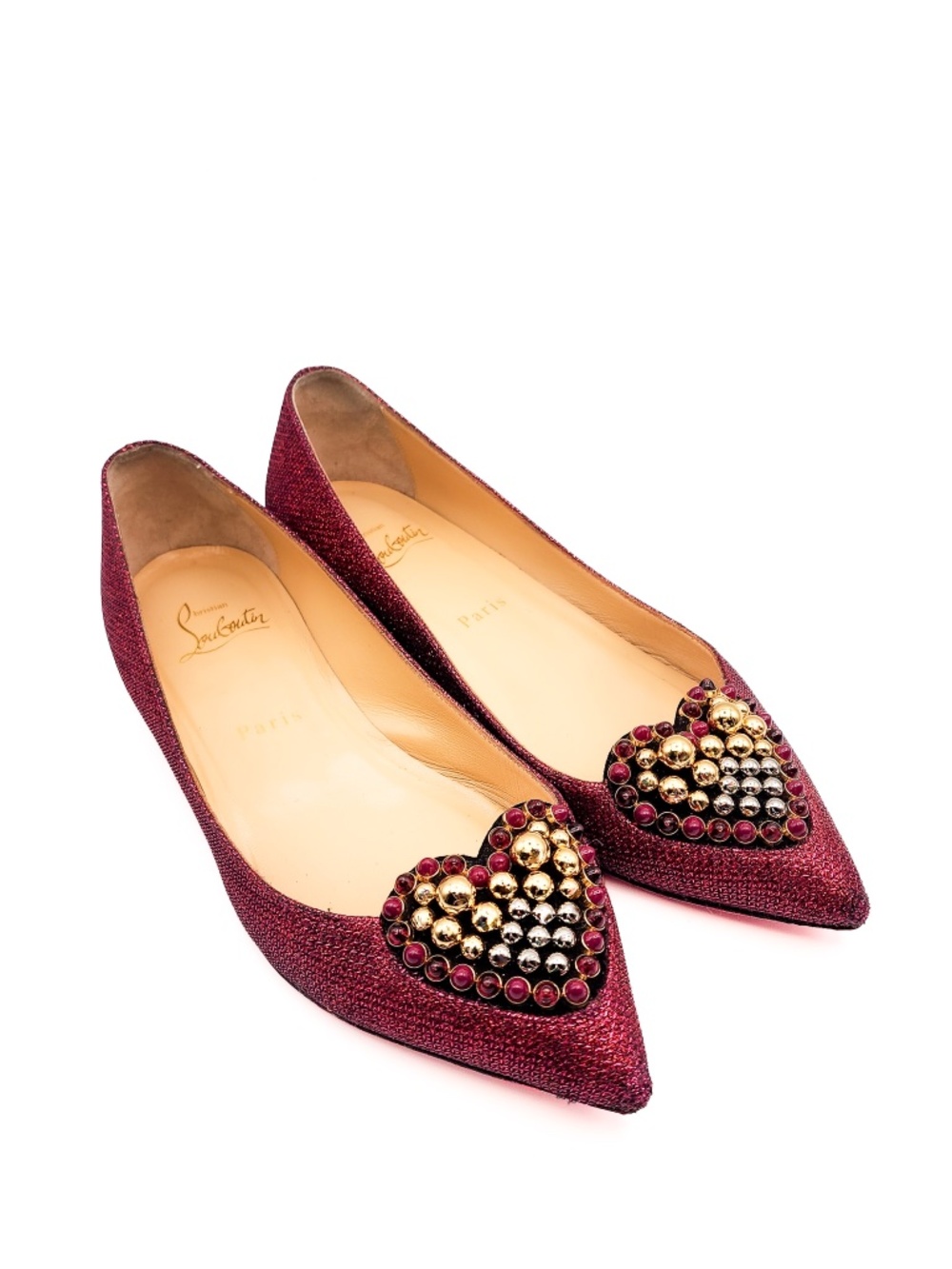 Christian Louboutin Heart Studded Glittered Tissu Pointed-Toe Flats EU 36.5